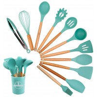 silicone utensils cooking set with Holder for non stick cookware,With wooden handle,kitchen tools