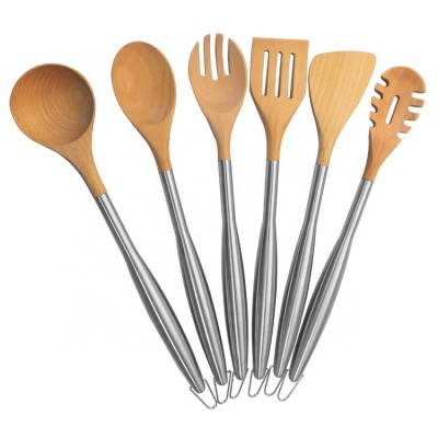 6 Pcs Beech Wood Cooking Utensils Wooden Kitchen Accessories with Spoon Spatula Ladle