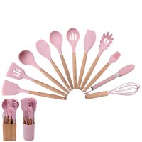 11 Pieces Kitchen Tools Set Non-Stick Silicone Kitchen Utensils Set with Wooden Handle In Wood/Plastic Holder