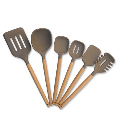 Factory Supply 6 Pcs Beech Wood Handle Silicone Kitchen Utensil Set