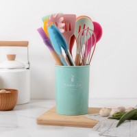 Ins Style pink color 12 piece wooden handle silicone kitchen utensils set with holder