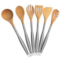 6 Pcs Bamboo Kitchen Utensils Bamboo Kitchen Accessories with Spoon Spatula Ladle