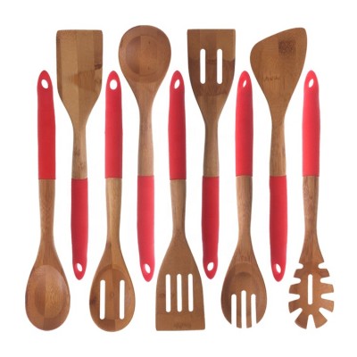 10 Pcs Soft Handle Beech Wood Kitchen Utensil Set with Spoon Spatula Ladle