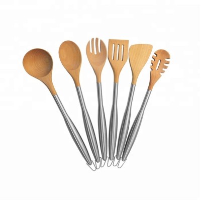 Household Set of 6 stainless steel kitchen utensil set bamboo wood