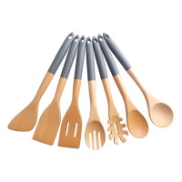 Premium 7 Piece Eco-Friendly Wholesale Silicone Handle Beech Wooden Kitchen Utensil Sets