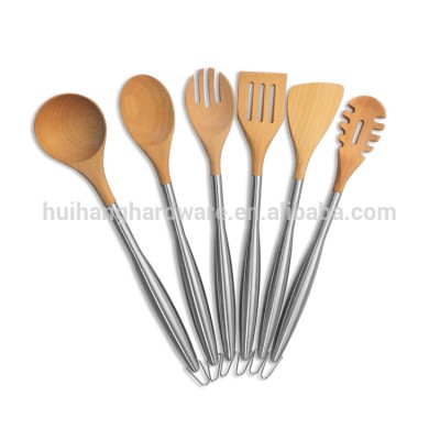 KL001B-006B Factory 6pcs set wooden kitchen utensils/Beech wooden utensils set with S.S handle