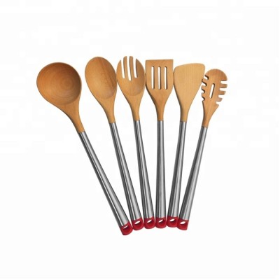 Kitchen Supplies 6 Piece Beech Wooden Cooking Spoon Utensil Set with Stainless Steel Handle