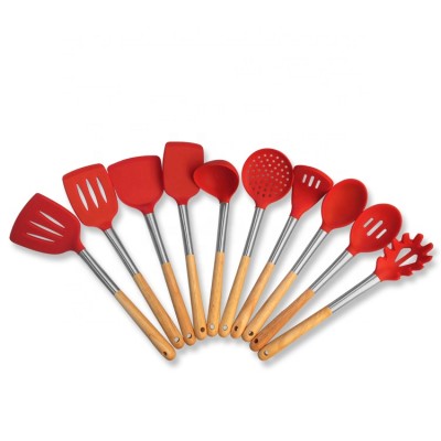 10 Pcs Silicone Kitchen Accessories Silicone Cooking Utensils with Slotted Spatula Chinese Turner Spaghetti Server Skimmer